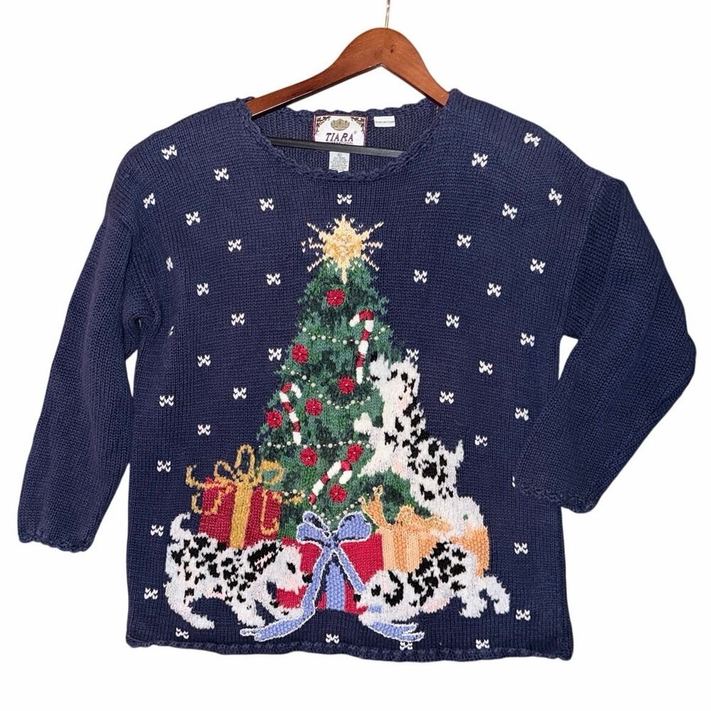 Vintage tiara international black Christmas tree knit sweater XL cotton ramie